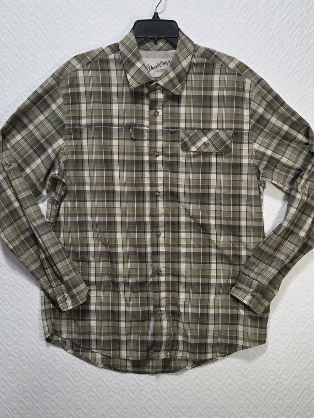 Ducks Camp Men's L Plaid Long Sleeve Button-Up Shirt Green Gray Beige Pockets